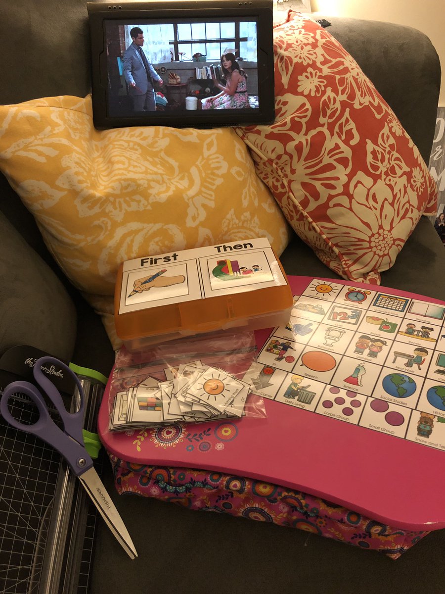 MissMonighan's tweet photo. Netflix and lamination! Prepping #MrsDsCorner visual schedules and first/then boards #SpecialEducation #TeacherLife #BackToSchool https://t.co/phxjkeytKF