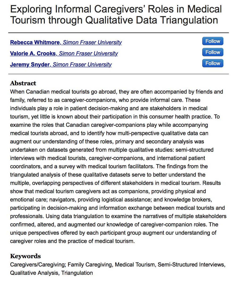 ValorieCrooks's tweet image. It was a journey getting this analysis published. So pleased to see it in print! For #qualitativehealth researchers interested in #datatriangulation, it's a good read. Also new insights about #informalcaregiving in #medicaltourism. With @jeremycsnyder. bit.ly/2YRhrFj