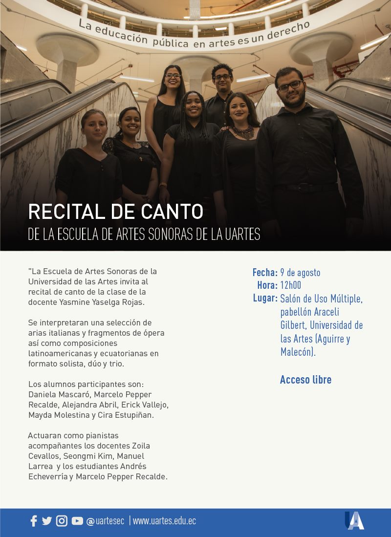 Este Viernes 9 de agosto en <a href="/uartesec/">UArtes</a> RECITAL DE CANTO de mis alumnos. Se interpretaran arias italianas, fragmentos de Opera, canciones latinoamericanas y ecuatorianas. Hora: 12h00. Lugar: Salon de Uso Multiple, UARTES. <a href="/RedesUartes/">Redes Guayas</a> <a href="/DLE_UArtes/">DLE UArtes</a>