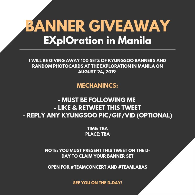 ksoojmn's tweet photo. ❗️GIVEAWAY❗️

I will be giving away 100 Kyungsoo banner sets on #EXplOrationinManila Day 2 (Saturday) FOR FREE.

~ Full Mechanics are on the pic
~ Place &amp; Time are TBA

See you on the D-DAY EXOLs!❣️ https://t.co/81rz9GQk72