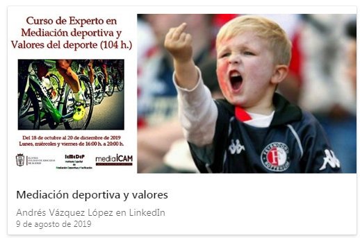 “Es necesario dar respuesta a la violencia generada en el deporte, desde el prisma de la prevención y la provención del conflicto. Desarrollar espacios de mediación donde se forme y eduque en gestión positiva del conflicto y en valores" <a href="/msantana1105/">Marisa Santana Delgado</a> linkedin.com/pulse/mediació…