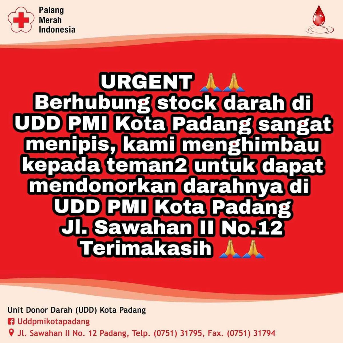 Blood4LifeID's tweet photo. Stok darah di UDD Kota Padang menipis. Sahabat Blood4LifeID di Padang &amp; sekitarnya yang sudah jadwalnya donor atau punya rencana donor hari ini, donor yuk. Cc: @areaPDG @InfoPadang @BFL_padang @SumbarTerkini @PadangInfo @KotapadangInfo @radiopadangfm @cimsaunand @SemenpadangFCID https://t.co/gQ2x0JfEf9