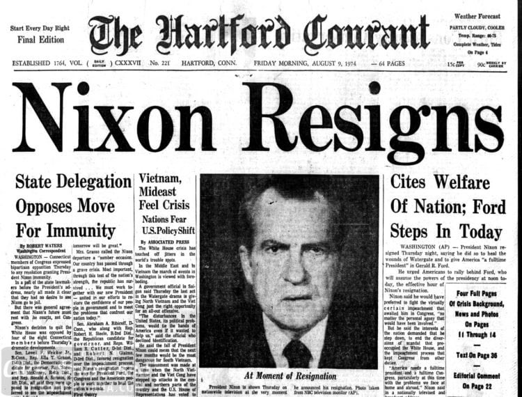 ThisDay_InTrump's tweet photo. 45 years ago today, Faced with looming impeachment, senate conviction and removal from office, Richard M. Nixon resigns. https://t.co/gVxcc6AJp0