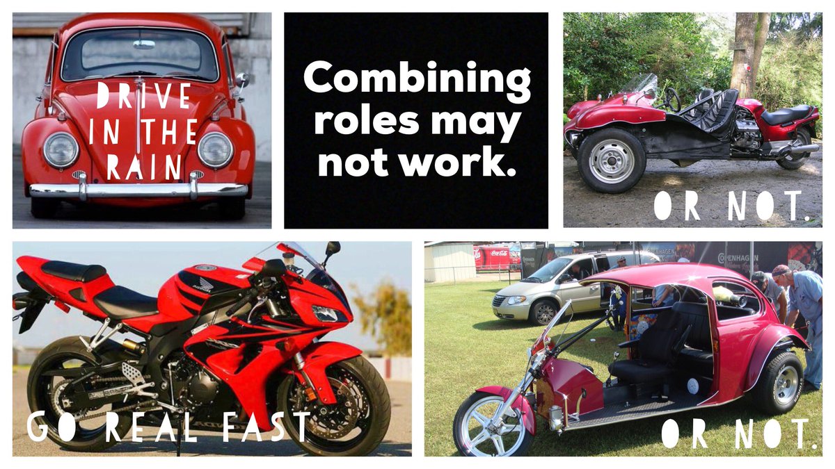 Talking to another coach today about the challenges of mixing agile roles.  Which ones have you seen?  Product Owner + Scrum Master?  People Manager + Product Owner?