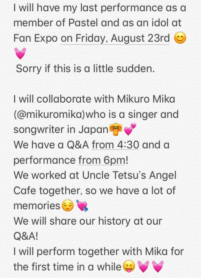 pastel_toronto's tweet photo. I will have my last performance as Pastel and an idol at Fan Expo on Friday, August 23rd😊
I will collaborate with Mika who is a singer and songwriter in Japan!
I will be giving out a Pastel towel to everyone who comes to see our Q&amp;A and performance🎁
Thank you for your support! https://t.co/UpgQn5hHY1