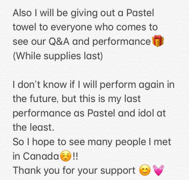 pastel_toronto's tweet photo. I will have my last performance as Pastel and an idol at Fan Expo on Friday, August 23rd😊
I will collaborate with Mika who is a singer and songwriter in Japan!
I will be giving out a Pastel towel to everyone who comes to see our Q&amp;A and performance🎁
Thank you for your support! https://t.co/UpgQn5hHY1