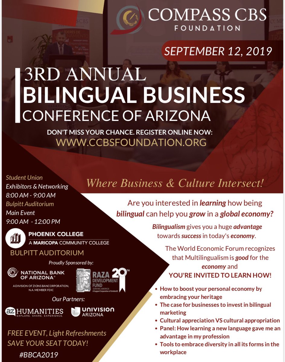 EdgarROlivo's tweet photo. Are you interested in learning how being #bilingual can help you grow in a global economy? Register today: https://t.co/tUWNmoxnQ9 #BBCA2019 🙏Sponsors: @nbazinteractive @phoenixcollege @azhumanities @univisionaz @RazaFund https://t.co/oDi0durSKF
