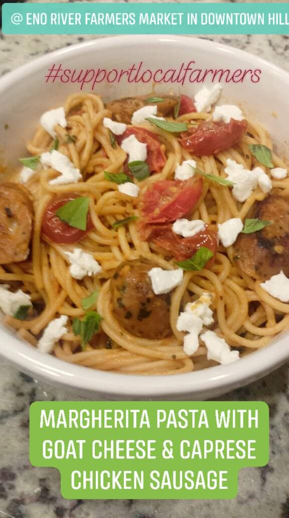 yvjohns's tweet photo. In honor of #NationalFarmersMarketWeek, I made Margherita Pasta with Goat Cheese and Caprese Chicken Sausage using black cherry tomatoes &amp; lemon basil purchased at the @EnoRiverFM.  Support your local farmer this week! #supportlocalfarmers #shoplocal https://t.co/9Th6lznpzI
