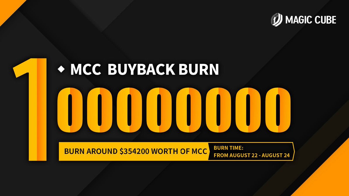 MagicCubeUS's tweet photo. 🚨 Magic Cube will Be conducting a 100 million MCC buyback burn from August 22nd to the 24th 🚨 https://t.co/H97NQtL6ri