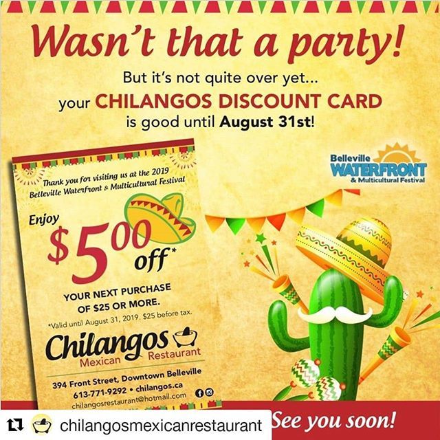 #Repost @chilangosmexicanrestaurant (<a href="/get_repost/">Repost</a>)
・・・
If you got a coupon at Waterfront Festival you still having all the month of August to use it! ift.tt/2YAWZxh