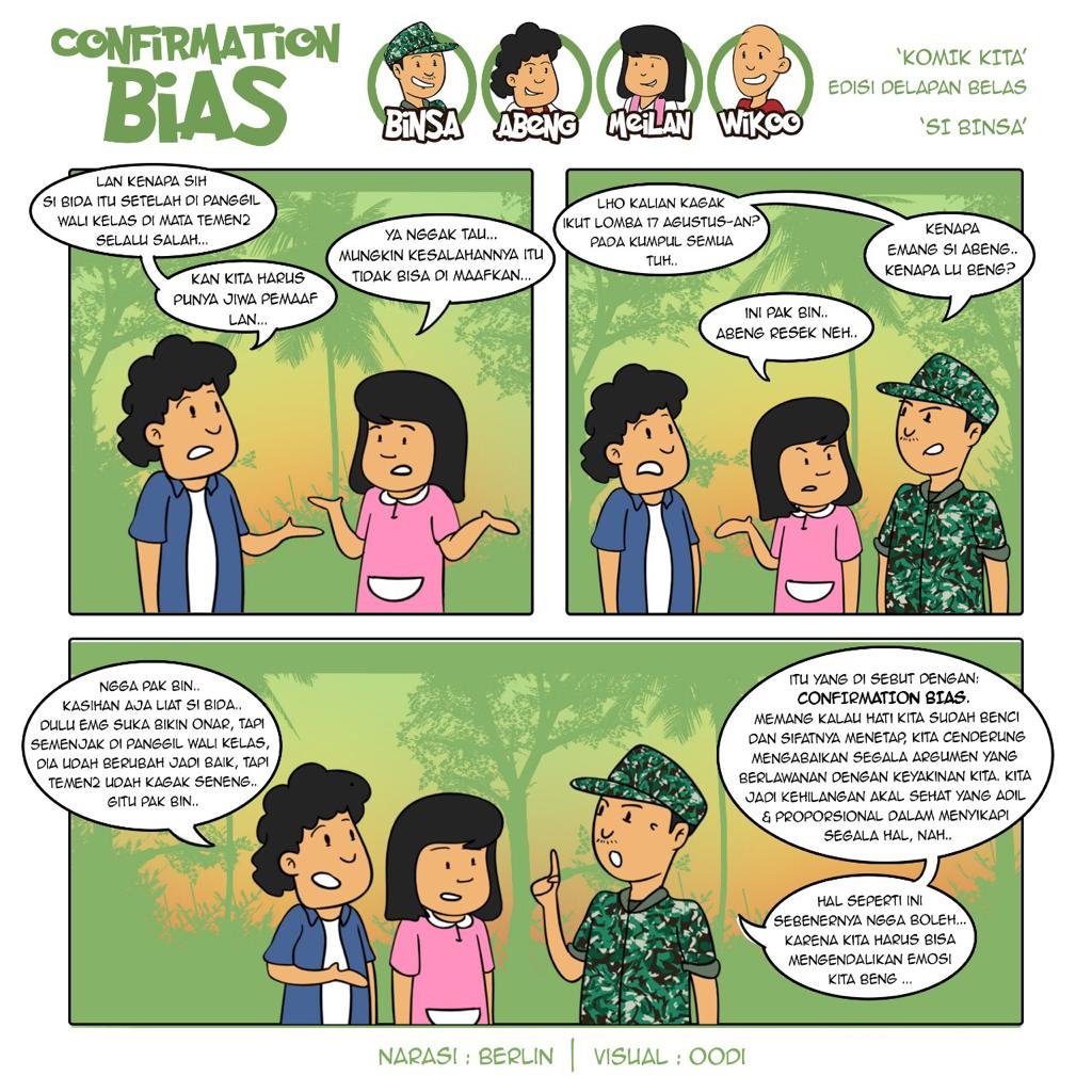 tigor_yayan's tweet photo. Bias konfirmasi ini membuat seseorang tertarik, terpikat dan reseptif terhadap informasi baru yg mendukung atau sejalan dengan sistem kepercayaan yg sudah ada dalam diri orang tsb.

#SiBinsa #ConfirmationBias #KomikKita https://t.co/bSoxMdjMat