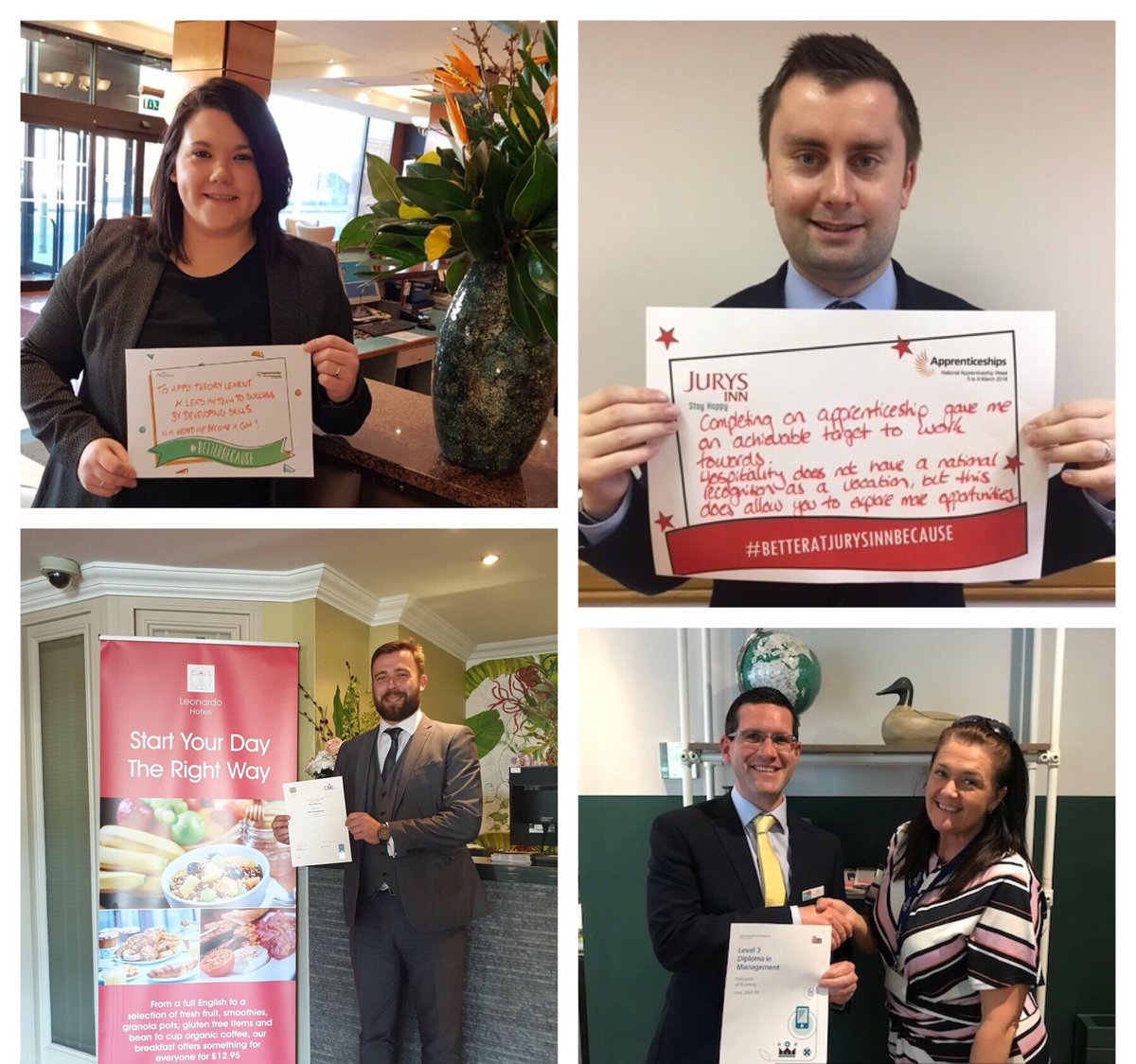 Here at Jurys Inn &amp; Leonardo hotels our learning culture extends to our hotel general managers as well! 

Here are some of our managers who have developed their skills through apprenticeship &amp; further learning #ComeOnIn #HospitalityCareers #FireItUp