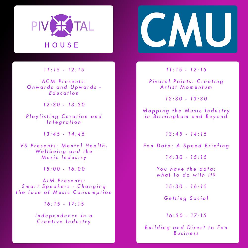 pivotalmusicuk's tweet photo. A massive week of panel announcements involving @CMU @AIM_UK @acm_uk @vspodcast_ covering #Playlisting, #MentalHealth, #FanData, #SocialMedia, #MusicEducation, #SmartSpeakers and #ArtistIndependence! Tickets and More Details: https://t.co/X6XtMJ5adf #pivotalmusicuk #aim #acm #cmu https://t.co/t3jPdVSboL