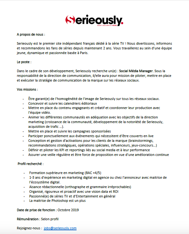 aureliabaranes's tweet photo. Toujours côté recrutement chez @SerieouslyFR : on cherche un Social Media Manager en CDD (possibilité d'évolution en CDI). Date : pour mi octobre. CV à jobs@serieously.com. Infos ici ⬇️ RT please♥️ #job https://t.co/0O3u4s4PRk