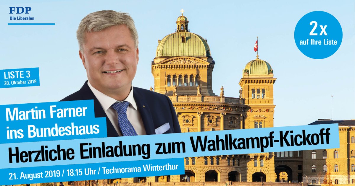 Martin Farner (@martinfarner) on Twitter photo Ich freue mich, gleich hinter den fünf Bisherigen auf dem 6. Listenplatz für die Wahl in den Nationalrat am 20. Oktober 2019 anzutreten. Ich lade Sie herzlich zum Kickoff-Event meines Wahlkampfs ein. Anmeldung an: info@martin-farner.ch Ich freue mich, gleich hinter den fünf Bisherigen auf dem 6. Listenplatz für die Wahl in den Nationalrat am 20. Oktober 2019 anzutreten. Ich lade Sie herzlich zum Kickoff-Event meines Wahlkampfs ein. Anmeldung an: info@martin-farner.ch