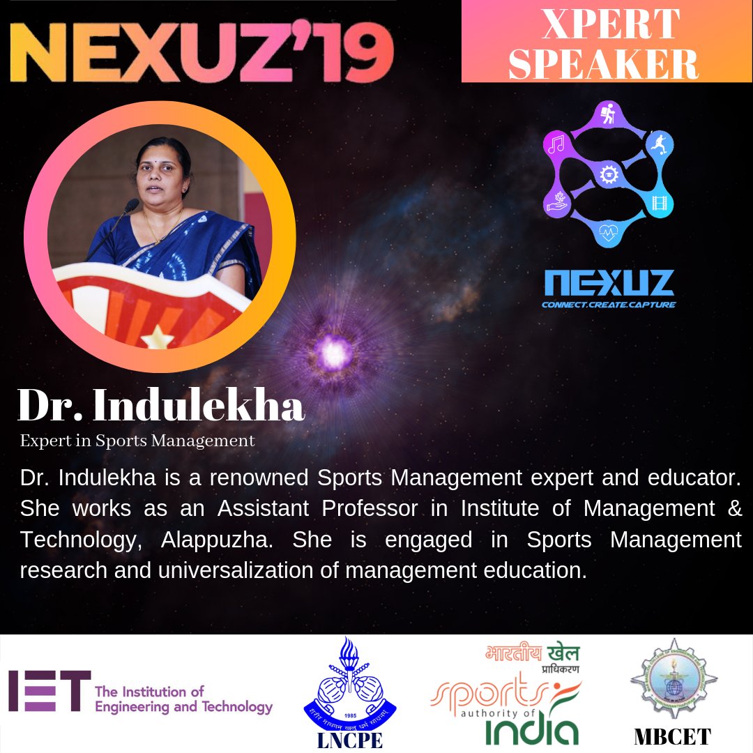 NEXUZ_2019's tweet photo. 🎗Xpert Speaker
#6 Dr. Indulekha,
Expert in Sports Management
#nexuz19 #nexuzsports #xperttalkshow #expert #talks #sportsnutrition #instituteofmanagementandtechnology #educator #sportsmanagement #lncpe #sportsauthorityofindia #health #cricket #football #tennis #eventoftheyear https://t.co/sPXU08yYnt