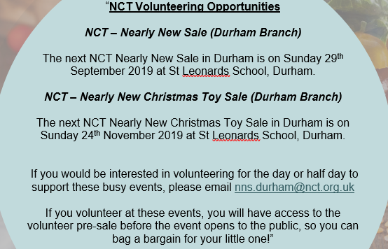 *Volunteering opportunities with <a href="/NCTcharity/">NCT</a>*

If you volunteer at these events, you will have access to the volunteer pre-sale before the event opens to the public, so you can bag a bargain for your little one!