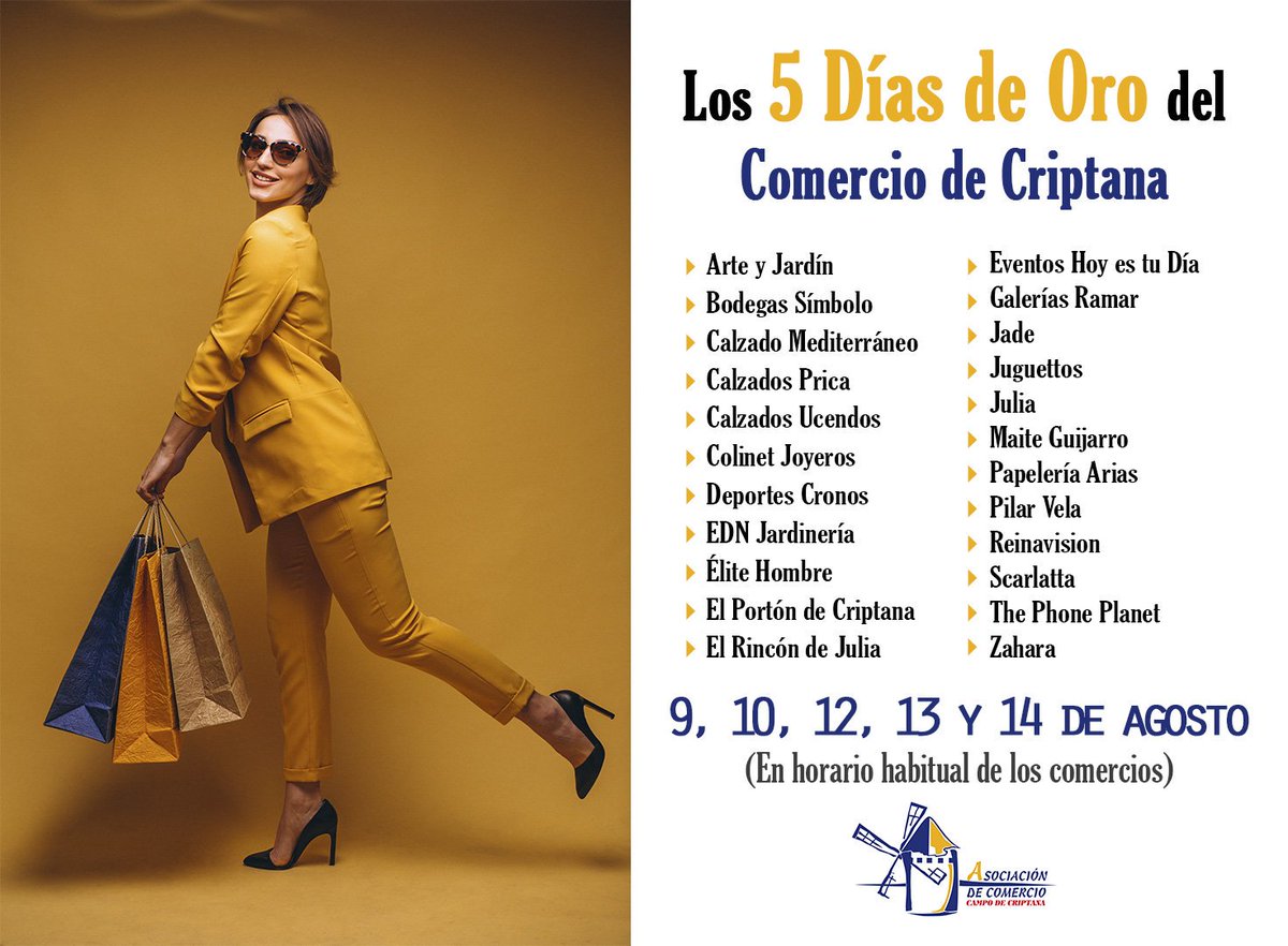 ComprasCriptana's tweet photo. 🔸Hoy comienzan "Los 5 Días de Oro del Comercio de Criptana"

¡¡Sal a la calle, disfruta de #CampodeCriptana, de sus calles, de tus vecinos y entra en el pequeño comercio!! 😊

👉 9, 10, 12, 13 y 14 de agosto https://t.co/DD7S7ZHZuy