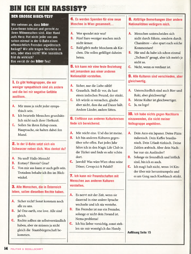 biber_mitscharf's tweet photo. Wir haben eine alte Ausgabe (Februar 2013) ausgegraben, das Thema ist aber aktueller denn je: Wenn du rausfinden willst, wie rassistisch du bist, mach unser Quiz! Achtung: das Ergebnis könnte dich überraschen! #racism #mitscharf #stopracism #migrant https://t.co/E03RIdLfOa