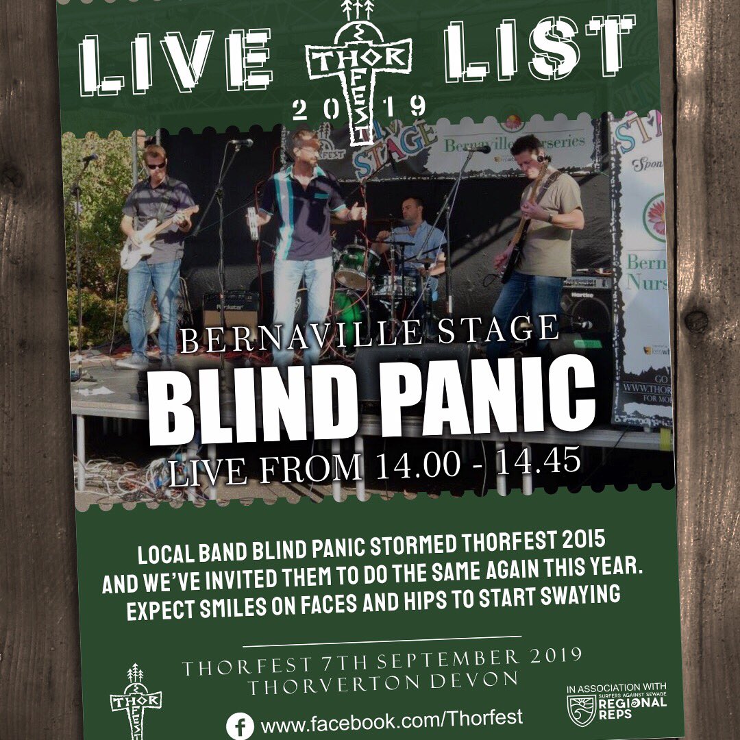 Local lads Blind Panic are back at Thorfest this year! 7 Sept in Thorverton, Devon; free entry