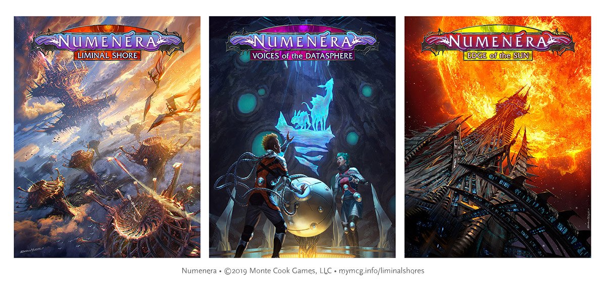 LIMINAL SHORES
In Earth's far future, wonders of the impossibly-advanced ancient past await your discovery in award-winning #Numenera!

On Tuesday 8/13, the Ninth World seeks new heights &amp; worlds with #LiminalShores, 3 new thematically-linked sourcebooks:
mymcg.info/liminalshores