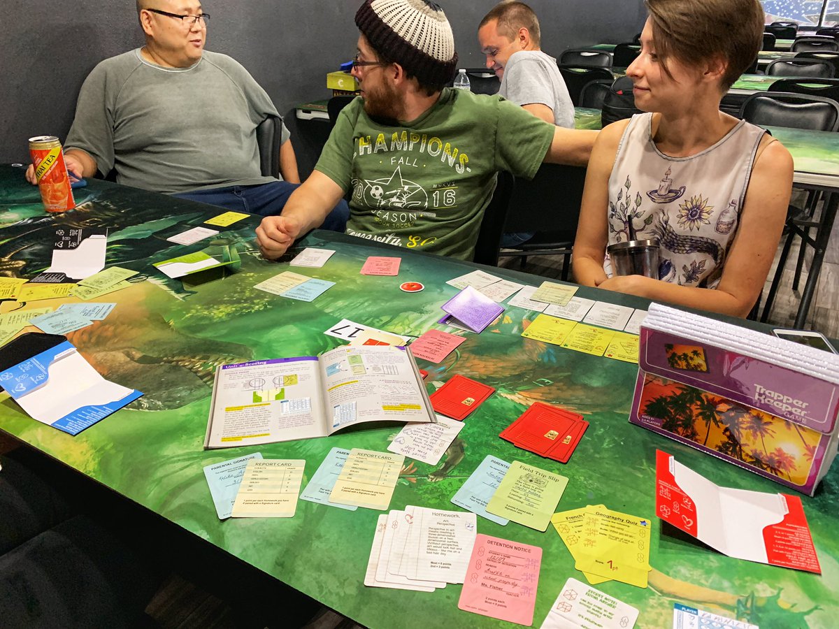 BoardGameBlitz's tweet photo. Crystal brought a bunch of her @Gen_Con games to her meetup tonight!
We started off the evening passing notes, getting our field trip permission slips signed, and making ‘Cool S’ doodles in the #TrapperKeeperGame from @biggcreativellc and @ProsperoHall (1/?) https://t.co/rWZnmo74sw