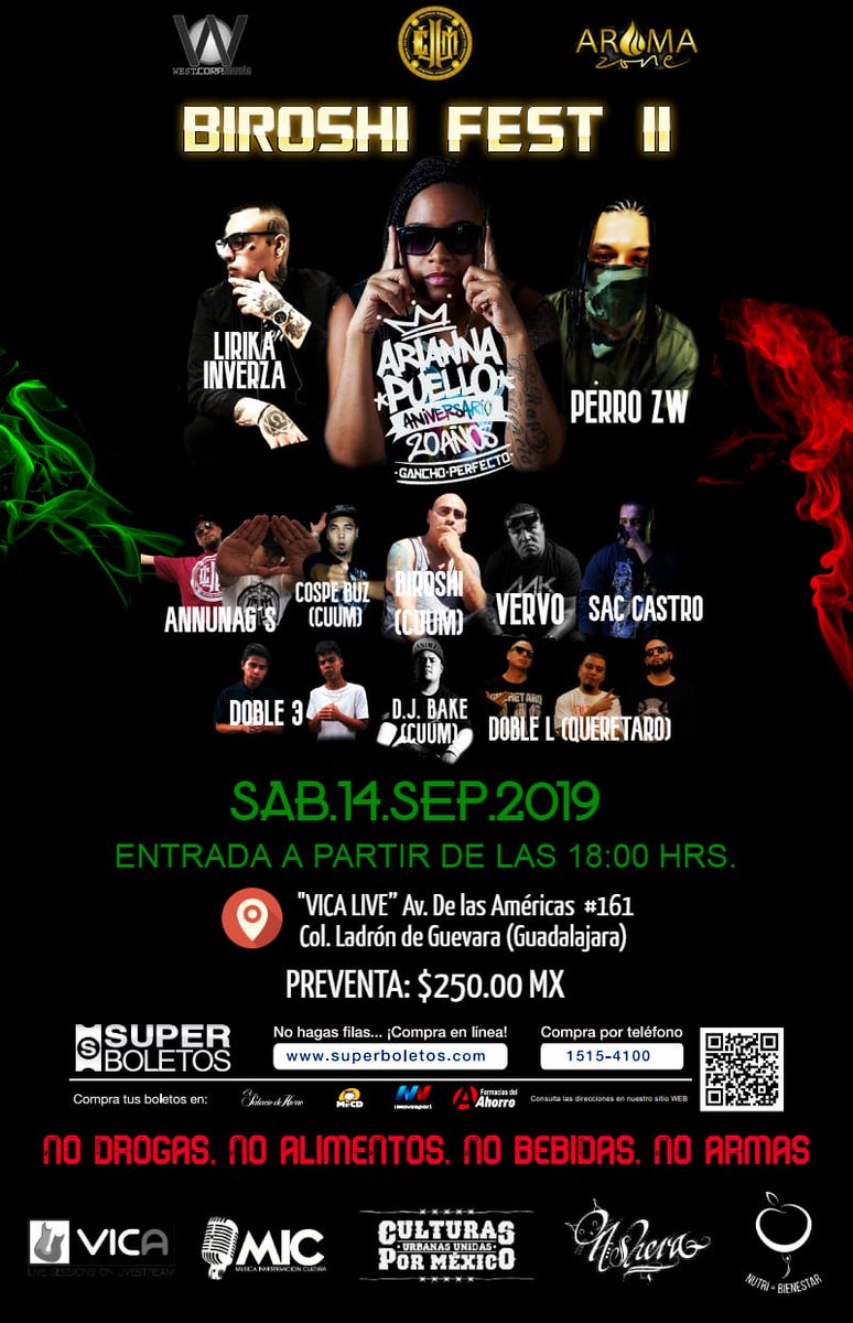 micgdl1's tweet photo. BIROSHI FEST II
Lugar @vica_live
@AriannaPuello
@LirikaInverza
#PedroZW
#VERVO
#SacCastro
#DjBake
#DobleL
#Doble3
Sábado 14 de septiembre 2019
Boletos por @SuperboletosMx
#micgdl #micgdl1 #musica #investigacion #Cultura #gfs #mic #GDL #guadalajara #jalisco #Mexico https://t.co/xs0NoIjj2E