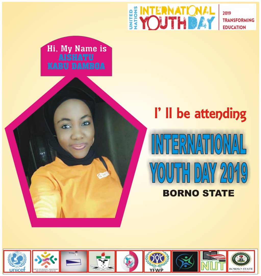 DamboaKabu's tweet photo. Hi Borno youths, let's meet on 13/ 14 of August and  transform Borno state through Education.

My name is  Aishatu Kabu Damboa  
I will be attending international youth day 2019  here in Borno state and you?
@UN 
@UNICEF_Nigeria 
@zegcawis https://t.co/V7Bf4v0onC
