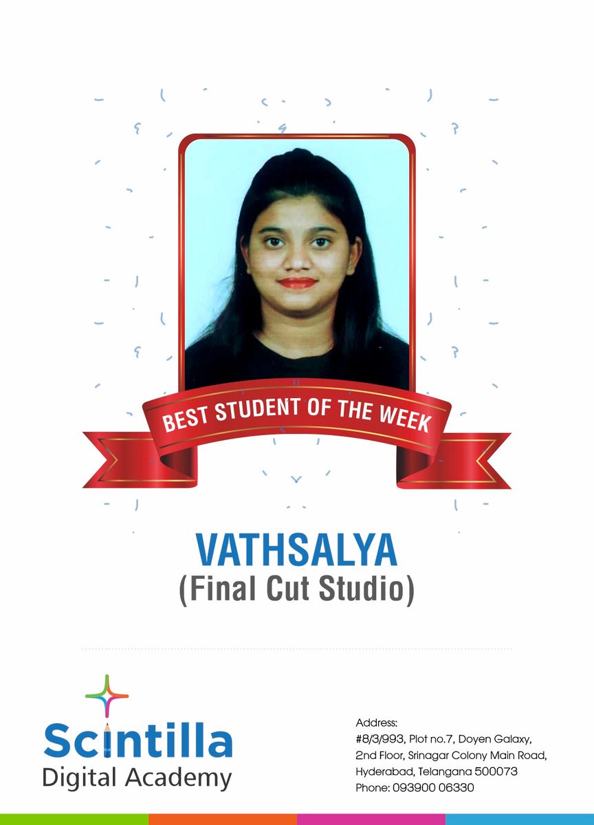 ScintillaAcadem's tweet photo. Congratulations Vathsalya for your achievement as Best student of the week in #FinalCutStudio.

Join #filmmaking Making course https://t.co/u5pHyaqz8L
Contact Us:9390006330 

#ScintillaDigitalAcademy #FCPtraininginhyderabad #FilmTwitter 

#FridayFeeling #FridayMotivation https://t.co/anGsa5Ush4