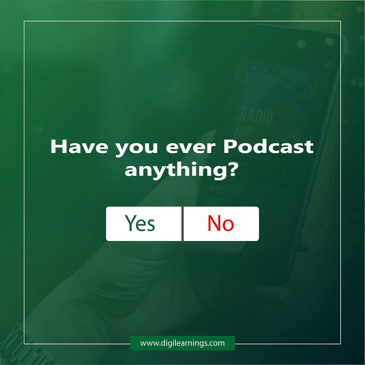 digilearningsin's tweet photo. Have you Ever Podcast anything?
Comment Below👇
.
.
#FridayFeeling #Poll #Digilearnings #DigitalMarketing #Socialmediapoll https://t.co/ZxQvl542bz