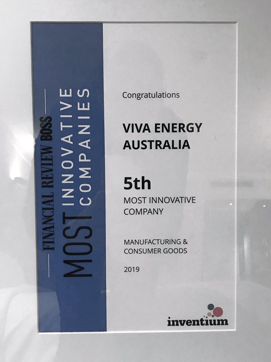 VivaEnergy_au's tweet photo. We’re delighted to be named in the @FinancialReview’s Top 10 ‘Most Innovative Companies’ in the Manufacturing and Consumer Goods’ category. Judged by experts from @Inventium, our entry showcased our #GeelongRefinery’s new digital maintenance communication tool. #innovative19 https://t.co/jLSNoWAoMC