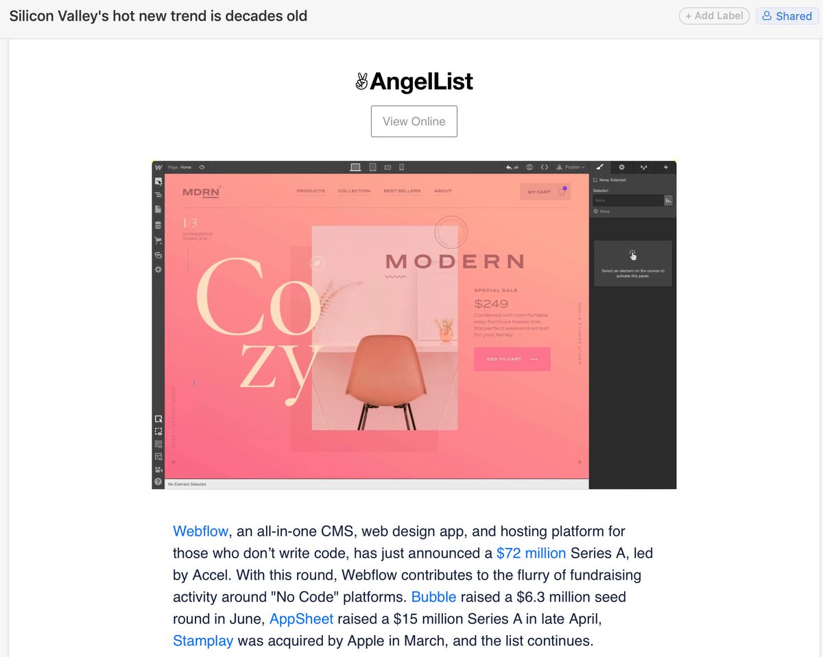 levon377's tweet image. 📰Latest newsletter from @AngelList is all about no-code! The trend is really picking up momentum 🎯

@Bubble_Group 
#nocode #zeroqode
