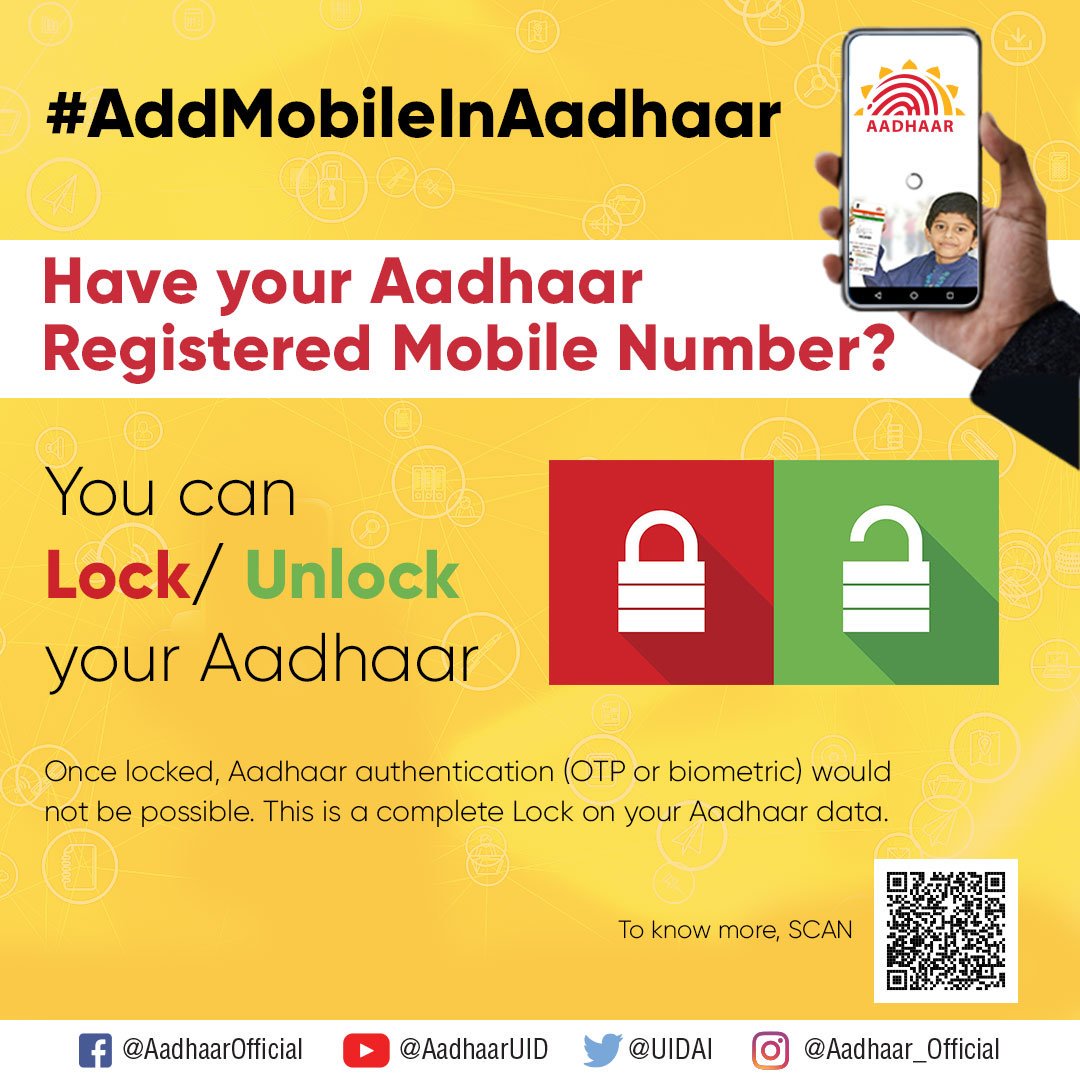 UIDAI's tweet photo. #AddMobileInAadhaar if you wish to Lock your Aadhaar. You can use this service to stop authentication on your Aadhaar completely. Remember to enable this lock, you should have your VID. Read more here: https://t.co/jVwSkYZhQg https://t.co/LP0Z4g58Xr