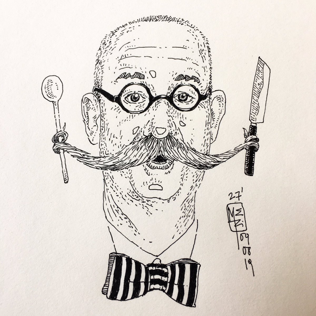 Metrissimo's tweet photo. [unpaid ad for #muji]
Second doodle for today:
Horst Lichter [cook]
.
#art #illustration #mujipenart #justdraw #glasses #picture #genteman #artist #sketch #sketchbook #paper #pen #mustache #artsy #classy #gallery #tvcook #creative #horstlichter #graphic #graphics #artoftheday https://t.co/1C3Sx3EkbJ