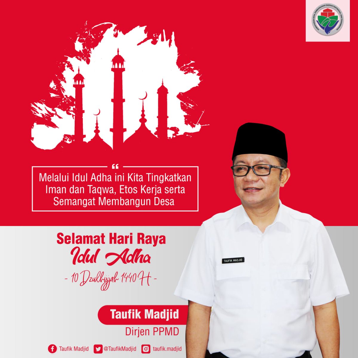 taufikmadjid71's tweet photo. Saya atas nama pribadi dan keluarga mengucapkan selamat hari raya idul adha 10 Dzulhijjah 1440 H.
.
Melalui Idul adha mari kita tingkatkan Iman dan Taqwa, etos kerja serta semangat membangun Desa.
.
#iduladha2019 #iduladha1440h https://t.co/M1Gvq55NPn