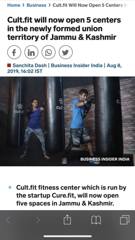 ianuragsaxena's tweet photo. Businesses are setting up their offices in J&K the impact of #Article370Gaya
Indian fitness startup https://t.co/4inK1jsP8K which runs fitness chain https://t.co/c7uGx0J9JP, is now all set to open five centres in the newly formed of union territory of Jammu & Kashmir https://t.co/Jon6zqgB8Y
