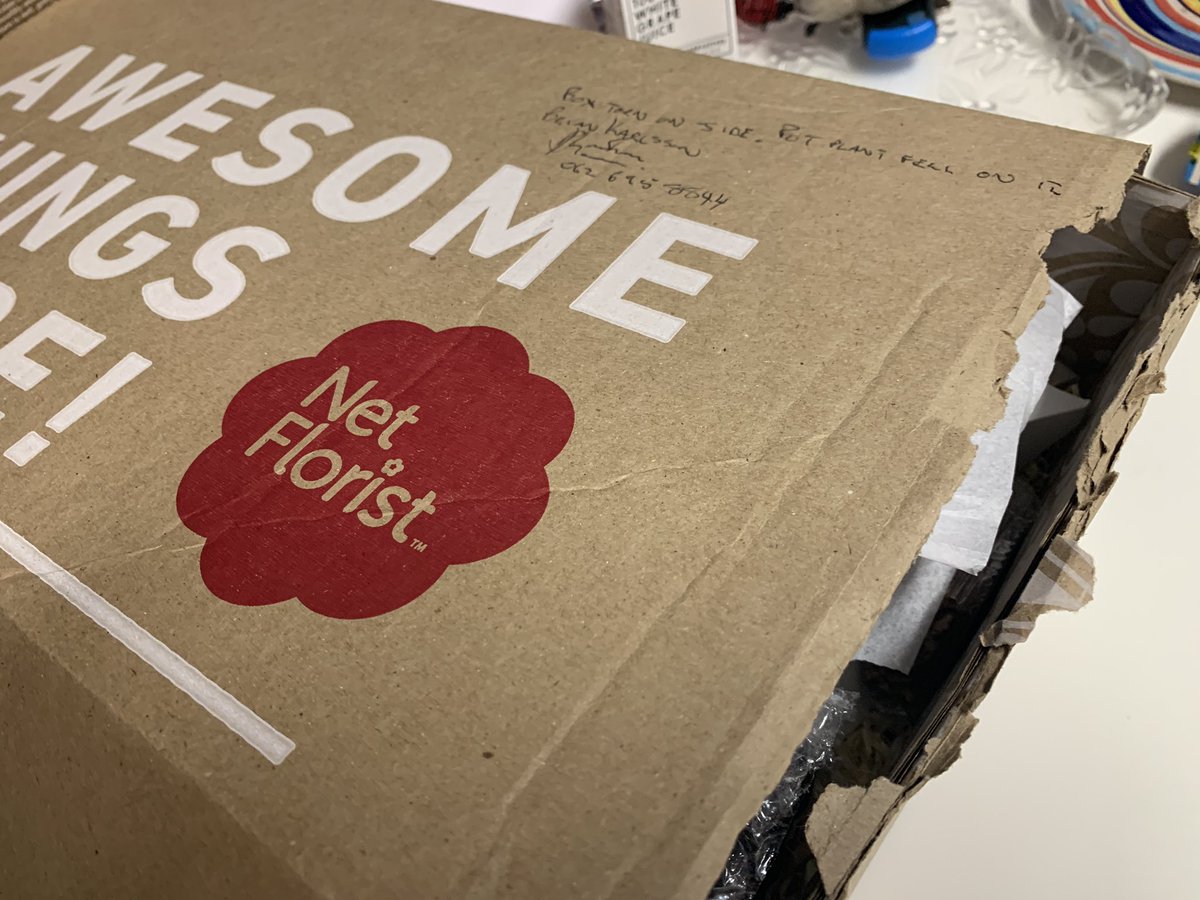leCordeurG's tweet photo. @NetFlorist I bought a box of goodies for my husbands bday yesterday. It arrived at 8:30pm and had been broken open and stuff is missing! He said a plant fell on it 🤣 I would like this replaced please https://t.co/Z9BaAdHapR