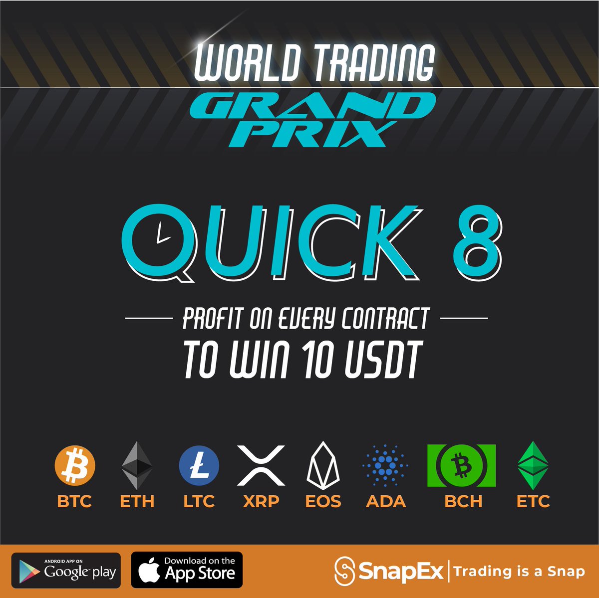snapexofficial's tweet photo. While the race for #EliteTen is underway, don't forget about the #Quick8 giveaway. Claim a free 10 USDT prize when you make a profitable trade on all 8 #cryptocurrency pairs using your demo account. Hurry, it's limited to only 1,000 prizes. More info atย https://t.co/mE06aN1X38 https://t.co/Qa7OCwQNXs