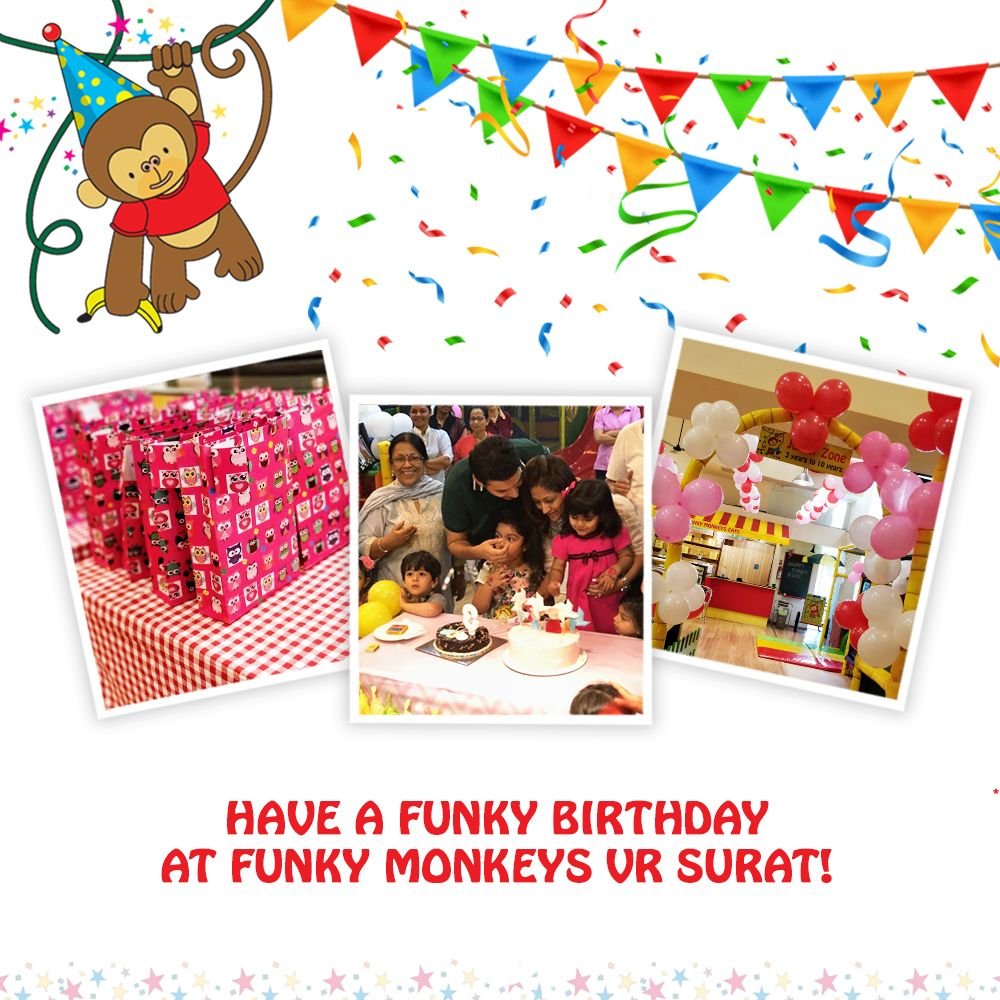 VRSurat's tweet image. Have a unique, colorful and entertainment filled #birthdayparty with #FunkyMonkeys, India’s Premier Indoor Play Center &amp;amp; Birthday Party Venue for Kids. Head to #VRSurat today! @funkymonkeysBOM #weekendplans #fun #celebration #DumasRoad #KidsPlayArea