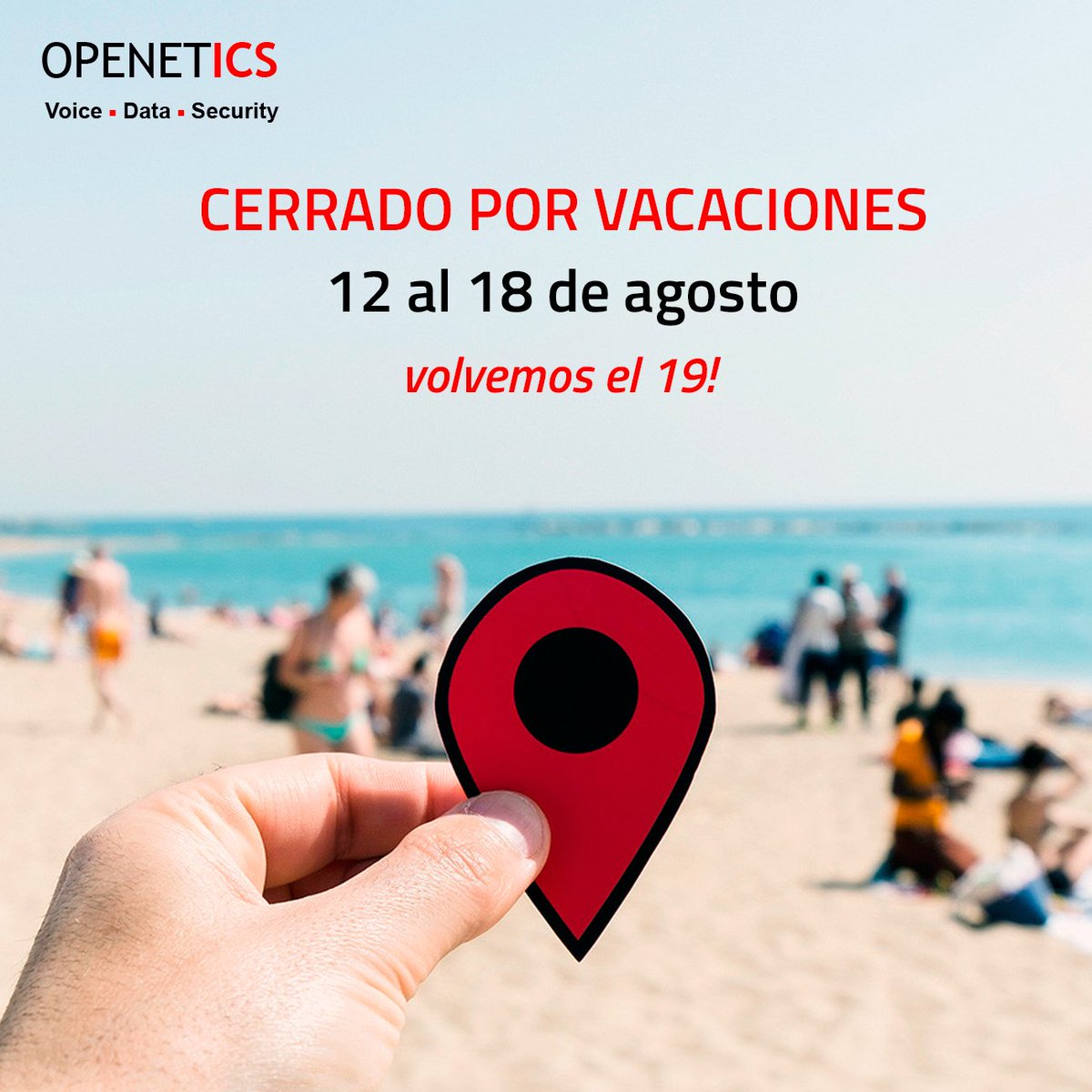 openetics's tweet photo. Recuerda, del 12 al 18 de Agosto estaremos fuera de la oficina. Regresamos el 19 para seguir generando soluciones. #Openetics #Telecomunicaciones #Instaladores #soluciones #innovacion #Vacaciones2019 https://t.co/lKXlzTBw7l