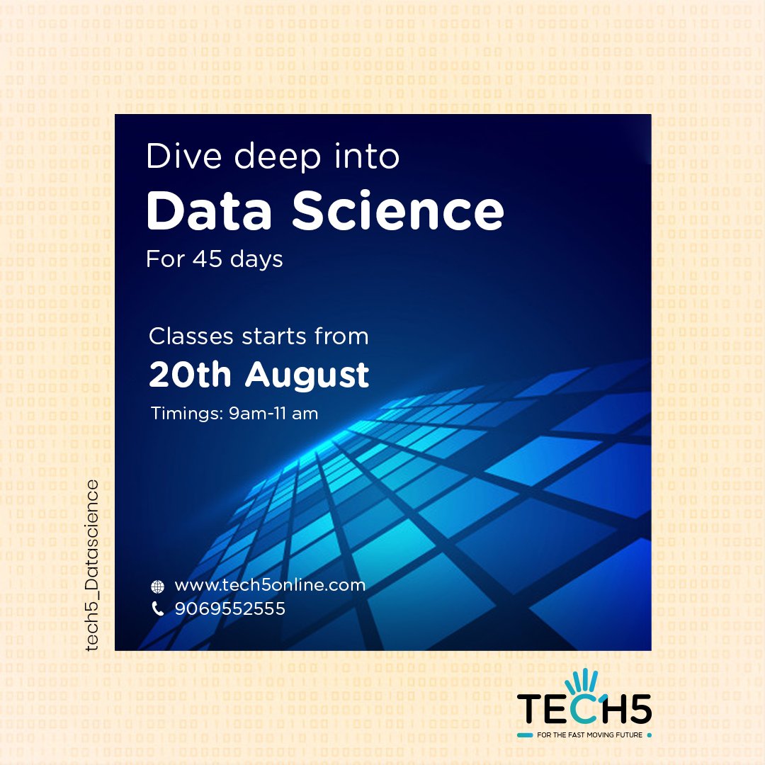 Tech551776278's tweet image. Become a data scientist in 45 Days. 
Start date - 20th August
Timings- 9-11 am
For course content and more details refer our website 🔗techfiveonline.com
#Tech5 #hyderabad #institute #datascience #datasciencecourse #classes #august