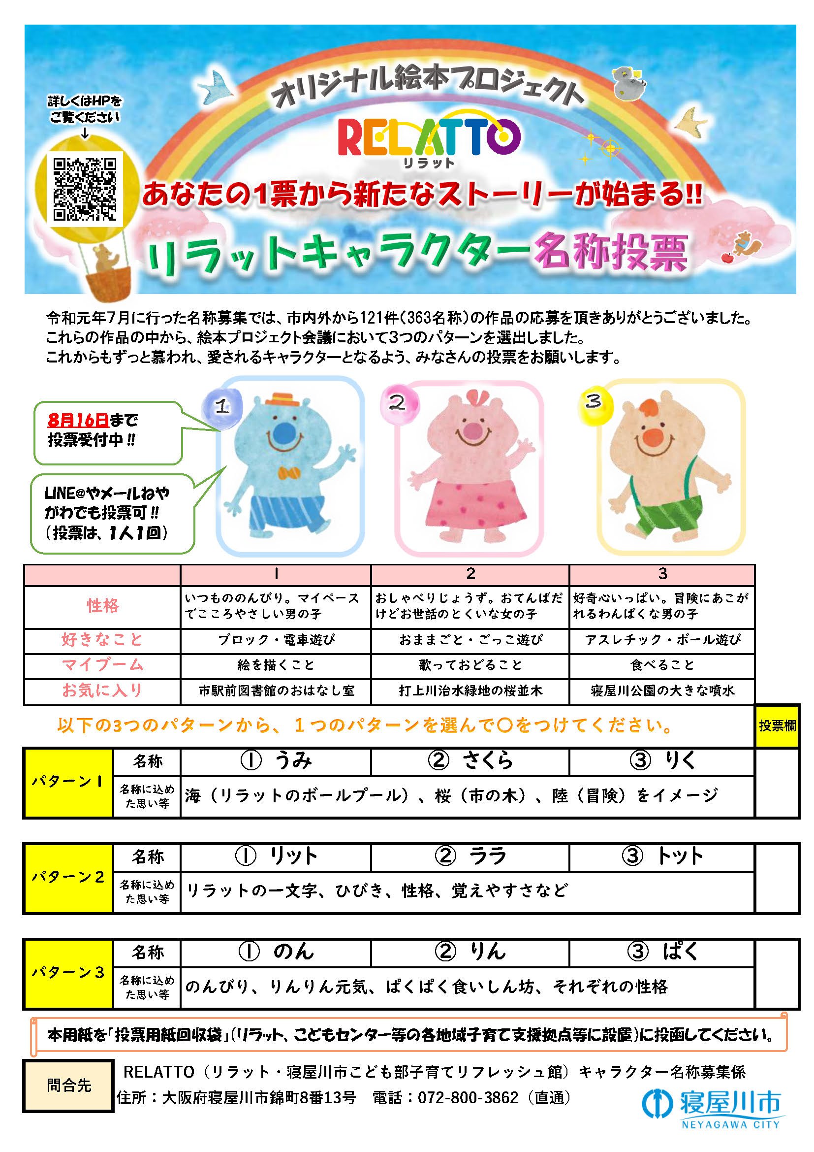 寝屋川市公式ツイッター 寝屋川市役所 リラットキャラクター 名称投票開始 キャラクターの名称を皆さんの投票で決定します ３つの候補の中から ぴったりの名前を選んでください 投票は８月16日 金 までです あなたの一票から新しいストーリー