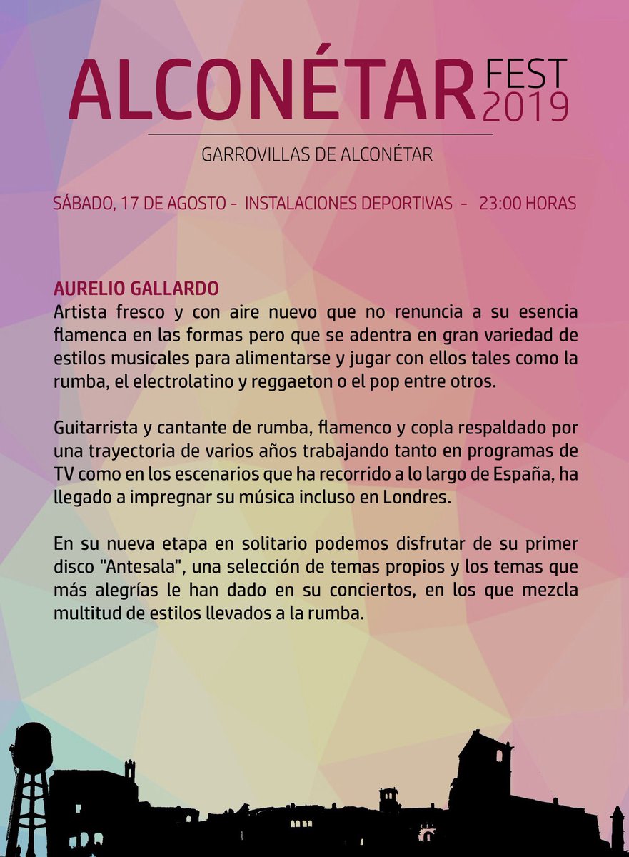 ℹ️ GRUPOS.
➡️ Aurelio Gallardo <a href="/aurelio_musica/">Aurelio Gallardo</a> 

ALCONÉTAR FEST 2019:

📆 17 de agosto.

🏟 Instalaciones deportivas.

🕰 23:00h (aperturas de puertas 22:30).

ENTRADAS ANTICIPADAS YA A LA VENTA EN:

🎟 Frutos Secos Diego.
🎟 Golosinas Arcoíris.
🎟 Ticketea.