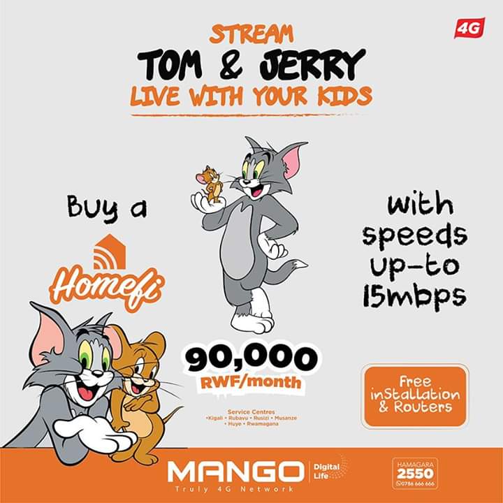 Mango4G's tweet photo. Children want the same things as parents; to laugh, to be challenged, to be entertained and delighted.
Stream Tom & Jerry cartoons using mango #homefi with speeds of up-to 15 Mbps @ only Rwf 90,000/month. Free installation & router.
#IyatseNaMango #mangohomefi #mangojoy #4G https://t.co/0mvj7tdyZ6
