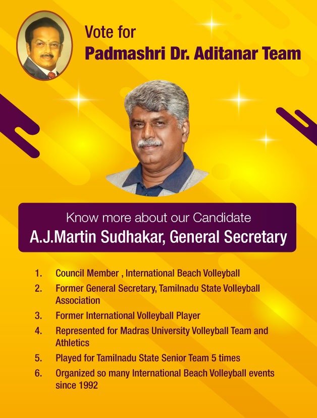 AdithanarTeam's tweet photo. Know More About Mr. A.J. Martin Sudhakar, General Secretary,

1. Council Member, International Beach Volleyball.
2. Played for Tamilnadu State Senior Team 5 Times.
3. Organized so many International Beach Volleyball events since 1992.

☝️Vote for Padmashri Dr. Aditanar Team🏐 https://t.co/8JxwcoXuQd