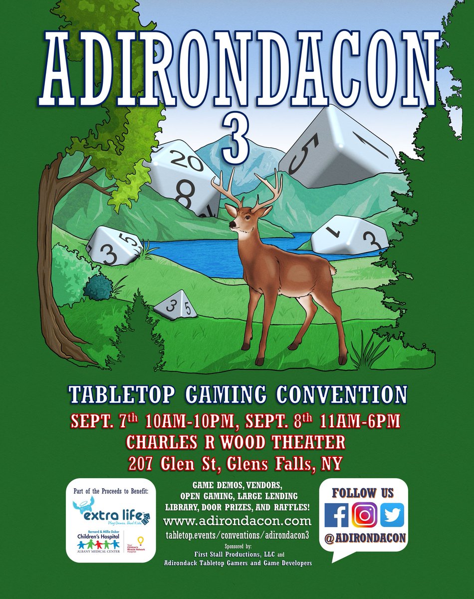 adirondacon's tweet photo. Just under a month away! So many great games and events lined up! #tabletopgames #glensfalls #rpg #HarryPotter #Cthulhu #whoserpgisitanyway #localgamedesigners #familyfun https://t.co/OEsKWeaOwk