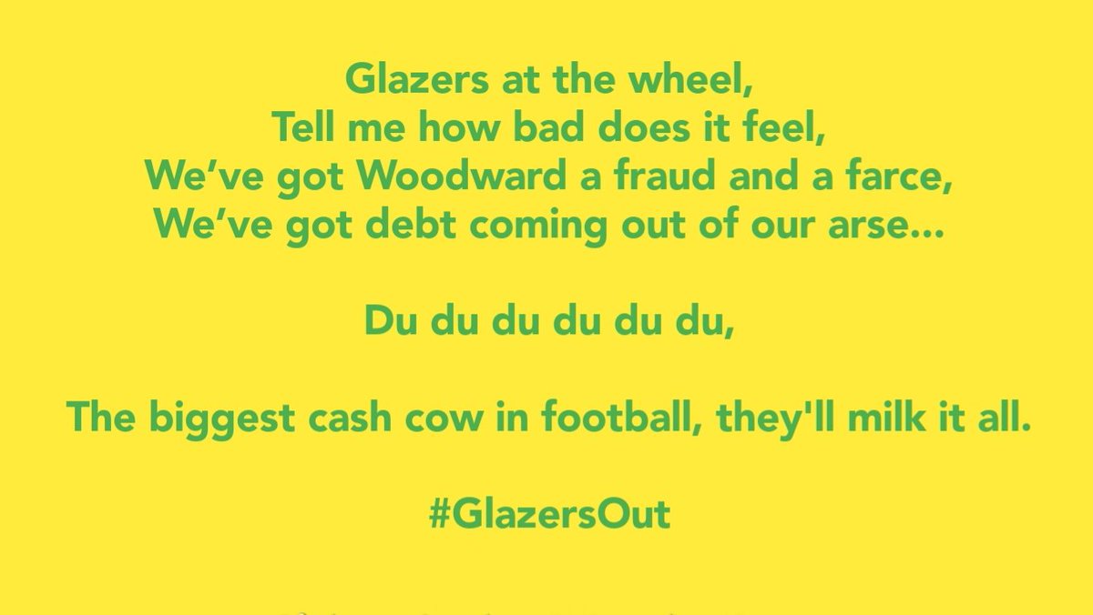 MufcSongs's tweet photo. Glazers are the wheel,
Tell me how bad does it feel,
We've got Woodward a fraud and a farce,
We've got debt coming out of our arse, 

Du du du du du

The biggest cash cow in football,
They'll milk it all,

#GlazersAtTheWheel https://t.co/4OGicgOILV