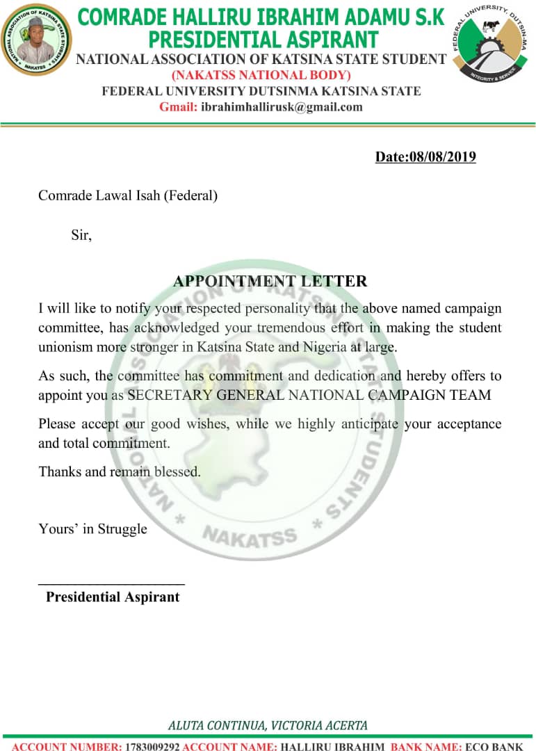 IsahComrd's tweet photo. Yesterday Late Night, I Received An Appointment Letter To Participate In The Race Of Nakatss National Headquarter Presidential Campaign Team Of Comr Halliru Sk Nagozaki As: National Campaign Secretary Gen.
  Accepted, And May He Makes Victory From Our Side Ameen. https://t.co/jM9Docuvqs