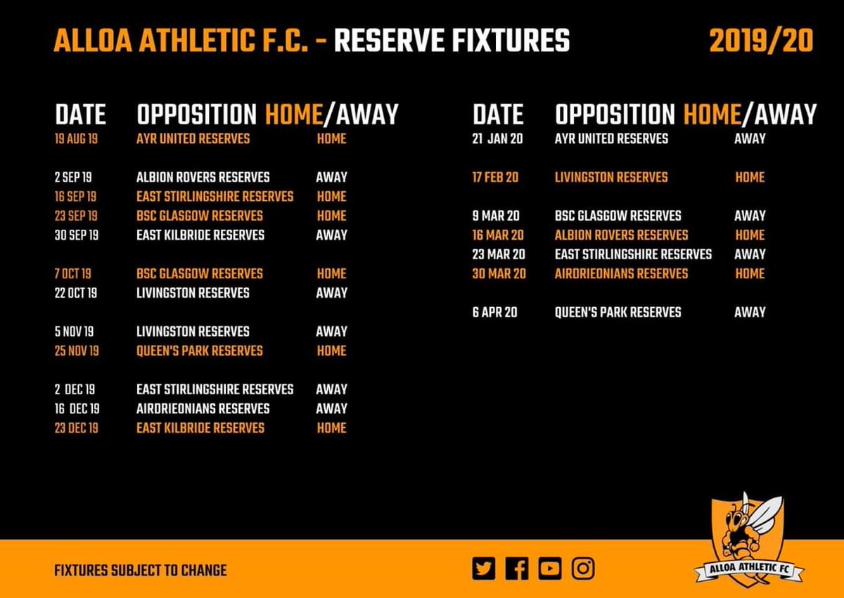 coachmaxnic's tweet photo. Add these dates to your diary and come along to show your support to our fringe and future @AlloaAthleticFC first team players ๐
๐๏ธ FREE entry to all home fixtures
๐๐ฅค Kiosk open for food and drink
#ReserveLeague #DevelopmentFootball #FutureFirstTeam #NextGeneration https://t.co/nmcQeP99NE