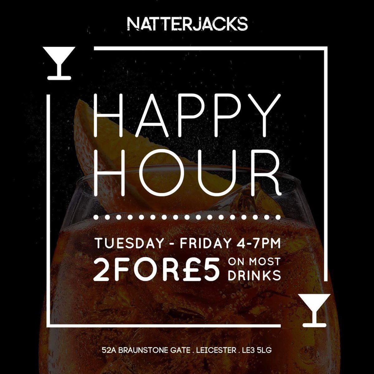 🍻 HAPPY HOUR

🍻 4-7pm Tuesday-Friday

🍻 2 for £5 on most drinks

🍻 natterjacks #Leicester